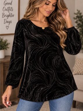 Briggs Petite Large Classic Black Velvet Sparkle Womens Top